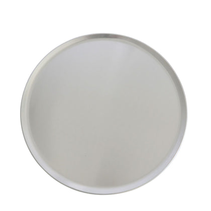 14-inch coupe aluminum pizza pan with even heat distribution, durable and lightweight design, easy to clean and stackable. Case packed 48, quantity break 12 each—great for commercial pizza baking.