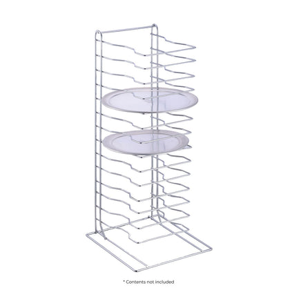 Chrome-plated pizza pan rack with 15 tiers for efficient storage, offering durability, corrosion resistance, and easy access. Ideal for commercial kitchens, pizzerias, and restaurants.