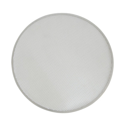 14-inch aluminum pizza screen with even heat distribution, durable, lightweight, easy to clean, and mesh design for crispy pizza crusts. Case packed 120, quantity break 12 each—perfect for pizzerias.