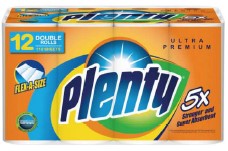 Plenty Paper Towels, 5 packs x 12 large rolls, 110 sheets each, strong and absorbent, ideal for kitchens, offices, and everyday cleaning.