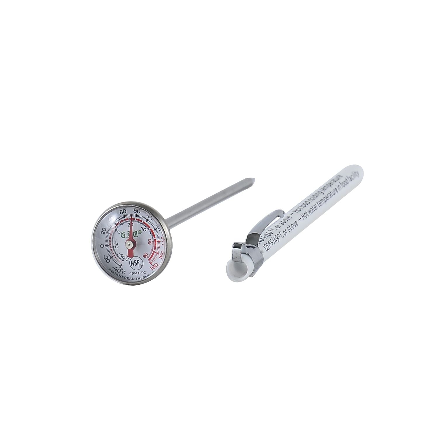 Pocket thermometer –40 to 180°F / –40 to 80°C with stainless steel probe. Durable, compact, and accurate for cold storage and food safety. Packed 72 per case for kitchen or inspection use.
