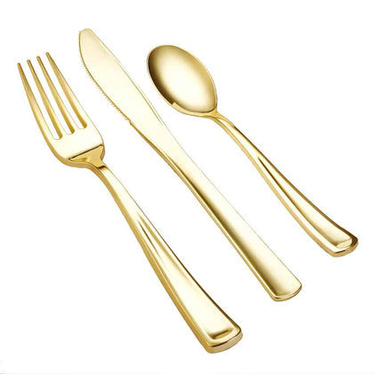 Polished gold cutlery combo box with forks, knives, and spoons. Perfect for weddings, parties, and formal events. Durable, BPA-free, disposable, and elegant for easy cleanup and stylish table settings.