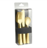 Polished gold cutlery combo box with forks, knives, and spoons. Perfect for weddings, parties, and formal events. Durable, BPA-free, disposable, and elegant for easy cleanup and stylish table settings.