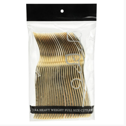 Polished gold forks bag for stylish dining. Perfect for weddings, parties, or events. Durable, elegant, disposable, and crafted with a luxurious gold finish for a touch of sophistication.