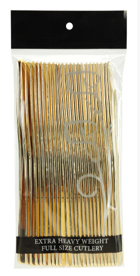 Polished gold knives bag for upscale dining. Perfect for weddings, parties, or events. Durable, disposable, and elegant cutlery with a luxurious gold finish to enhance any table setting.