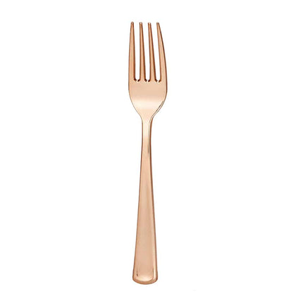 Polished rose gold cutlery combo box featuring forks, knives, and spoons. Durable, BPA-free, disposable, and elegant for weddings, parties, and events. Stylish design for effortless cleanup.