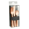 Polished rose gold cutlery combo box featuring forks, knives, and spoons. Durable, BPA-free, disposable, and elegant for weddings, parties, and events. Stylish design for effortless cleanup.