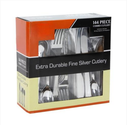 Polished silver combo boxed set with disposable forks, knives, and spoons. Elegant and durable, perfect for weddings, parties, and events. Stylish packaging adds convenience and sophistication to any table.