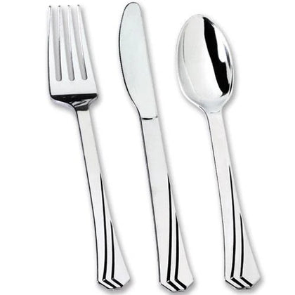 Polished silver combo cutlery set with forks, knives, and spoons. Elegant and durable, perfect for weddings, parties, and events. Disposable design combines style, functionality, and easy cleanup for any occasion.