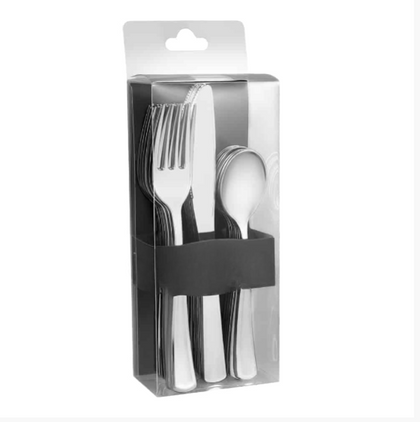 Polished silver cutlery combo box featuring forks, knives, and spoons. Perfect for events, weddings, and parties. Durable, BPA-free, disposable, and elegant for stylish table settings and easy cleanup.