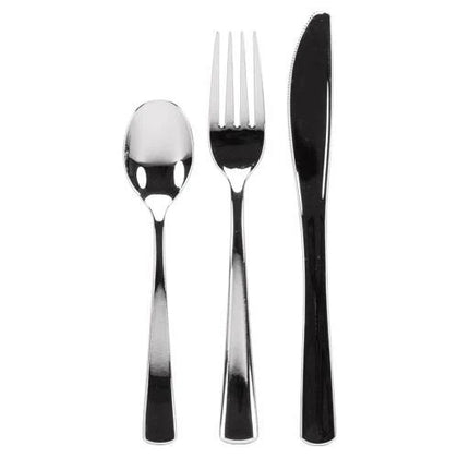 Polished silver cutlery combo box featuring forks, knives, and spoons. Perfect for events, weddings, and parties. Durable, BPA-free, disposable, and elegant for stylish table settings and easy cleanup.