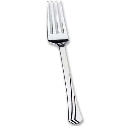 Polished silver fork with an elegant design. Durable and disposable, perfect for weddings, parties, and events. Adds sophistication to any table setting while offering convenience and easy cleanup.