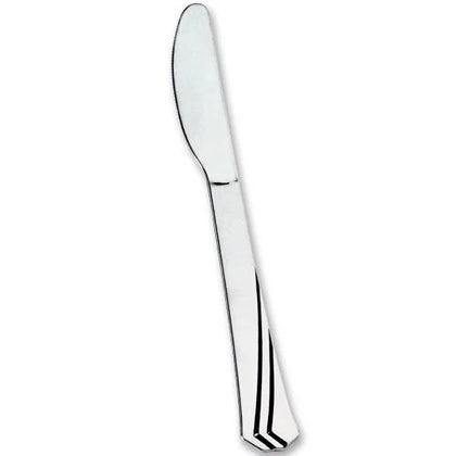 Polished silver knife with a sleek design. Durable and disposable, perfect for weddings, parties, and events. Combines elegance and practicality, adding sophistication to any table setting with easy cleanup.

