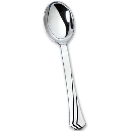 Polished silver soup spoon with a sleek design. Durable and disposable, ideal for serving soups, stews, and desserts at weddings, parties, or events. Combines elegance with easy cleanup for any occasion.