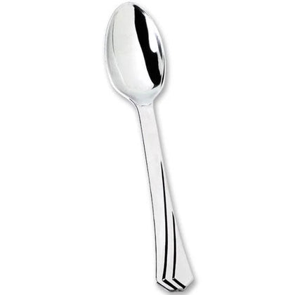 Polished silver teaspoon with an elegant design. Durable and disposable, ideal for beverages, desserts, and more at weddings, parties, or events. Combines sophistication and convenience with easy cleanup.