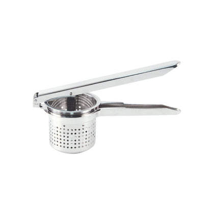 Round stainless steel potato ricer with durable construction, rust-resistant, comfortable handles for secure grip, ideal for making smooth mashed potatoes and purees in commercial and home kitchens