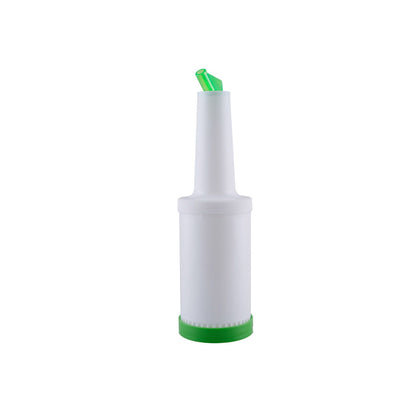 1QT green pour bottle with spout and lid made of durable plastic. Spill-resistant and ideal for color-coded kitchen setups. Great for oils, mixers, and more. Packed 12 each per case.