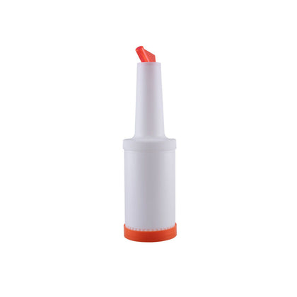 1-quart orange pour bottle with spout and lid, made from durable plastic. Leak-resistant and color-coded for fast identification in busy kitchens. Packed 12 each per case for commercial use.