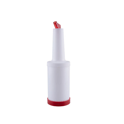 Durable 1-quart red pour bottle with spout and secure lid, easy to clean and ergonomically designed for precise dispensing of sauces and liquids in commercial kitchens; packed 12 each per case.