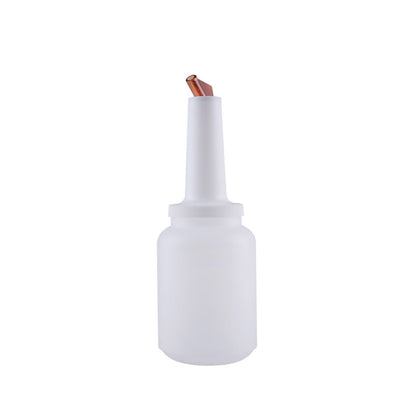 Pour bottle with spout & lid 2QT brown, durable HDPE drink dispenser for bars, restaurants, or cafés; used for syrups, juices, and cocktail mixes. Packed 12 per case, dishwasher safe.