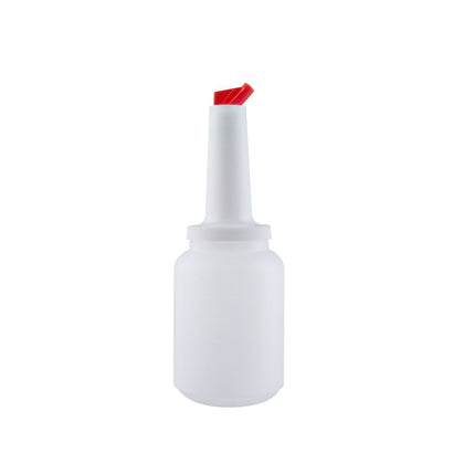 Orange 2QT pour bottle with spout and screw-on lid, durable HDPE dispenser for bar or kitchen use. Great for juices, syrups, or mixers. Dishwasher-safe. Packed 12 per case for bulk prep.