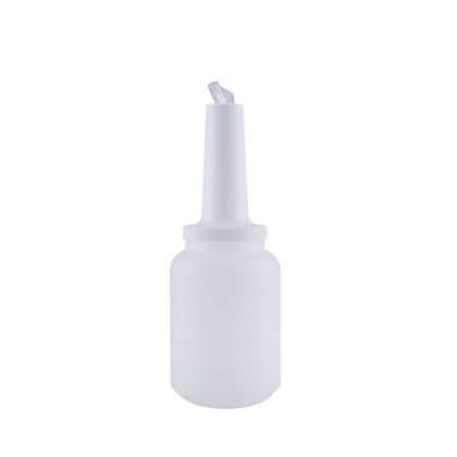 White 2QT pour bottle with spout and lid, durable HDPE dispenser for bar, restaurant, or café use; great for juices, sauces, or mixers. Dishwasher-safe. Packed 12 per case for bulk prep.
