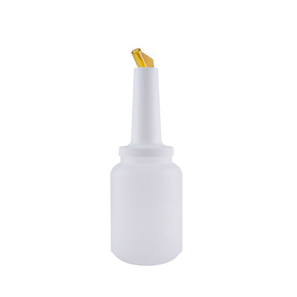 Yellow 2QT pour bottle with spout and lid, durable HDPE drink dispenser for bars and kitchens; ideal for mixers, citrus juices, or sauces. Dishwasher-safe. Packed 12 per case for foodservice use.