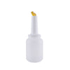 Yellow 2QT pour bottle with spout and lid, durable HDPE drink dispenser for bars and kitchens; ideal for mixers, citrus juices, or sauces. Dishwasher-safe. Packed 12 per case for foodservice use.