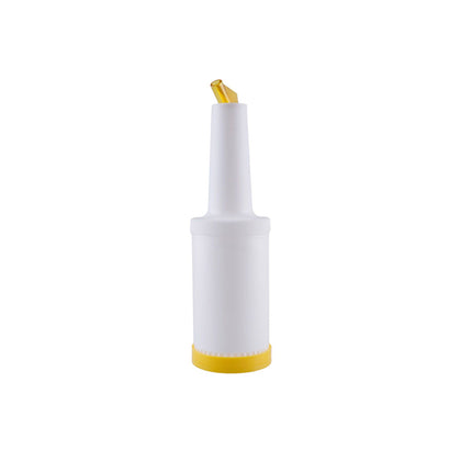 Yellow 1-quart pour bottle with spout and lid for precise pouring. Durable, lightweight, and easy to clean. Perfect for sauces, oils, and dressings. Packed 12 each per case for commercial and home use.