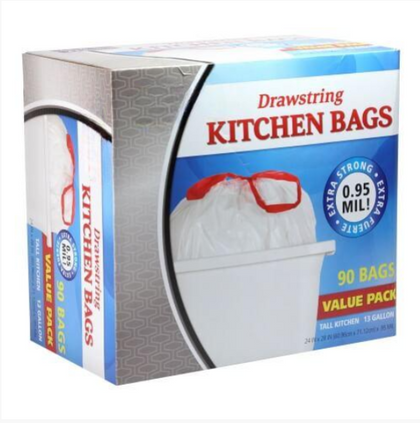 Premium 13-gallon tall kitchen drawstring trash bags with durable, leak-proof design and reinforced closure for secure, odor-free disposal.