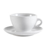White porcelain cup & saucer set 7.5oz, elegant & durable. Perfect for coffee, tea, or espresso. Microwave & dishwasher safe. Ideal for home, café, or restaurant use. Modern and stylish design.