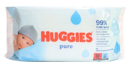Huggies Baby Wipes Pure, 56-count pack, gentle fragrance-free wipes made with 99% purified water for sensitive baby skin.
