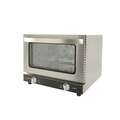 Quarter‑size convection oven with 1440W power and 0.9 cu. ft. capacity, fits quarter pans, with stainless steel body, clear glass door, and adjustable settings; ideal for cafes and foodservice.