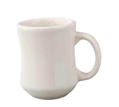 Yanco Provo Mug RE-7-P offers a refined touch to your coffee and tea service. With a soft American white finish, this 7-ounce mug elegantly highlights the color of your beverages while fitting seamlessly into any dining setting. Its unique center-narrowed shape and rolled edges create a sophisticated silhouette, while the wide handle ensures a comfortable grip. Crafted from durable, scratch-resistant porcelain, this set is ideal for high-volume use in cafes, restaurants, and hotels.