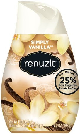Create a warm and inviting atmosphere with the comforting scent of Renuzit Solid Air Freshener in Simply Vanilla. This easy-to-use gel cone blends the soothing aromas of vanilla, apricot blossom, and almond to deliver continuous freshness. Perfect for small spaces, it requires no outlets or batteries and is made with 98% biodegradable gel for a simple and eco-friendly air care solution.