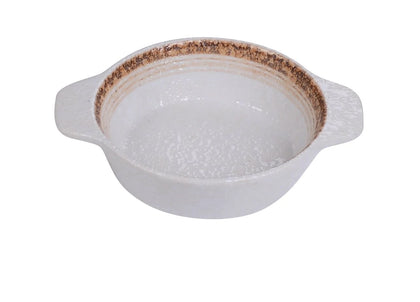 Yanco Bake Dish With Ear RO-2506 is a durable and stylish choice for serving and baking individual portions. Made from high-quality porcelain with a glazed finish, this round dish features a refined two-tone design in white and brown. Measuring 6.5 inches in length, 5 inches in width, and 1.5 inches in height, it has a 7-ounce capacity, making it ideal for small appetizers, side dishes, and baked creations. 