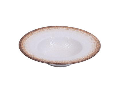 Yanco Dessert/Soup Plate RO-2610 is a stylish and durable choice for serving soups, stews, and desserts. Made from high-quality porcelain with a glazed finish, this round plate features a refined two-tone design in white and brown. Measuring 9.25 inches in diameter with a height of 2 inches, it offers a 10-ounce capacity, complemented by a 5-inch well that helps keep food securely in place.