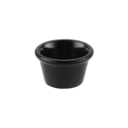 Black ramekin with 1.5oz capacity and 2-1/2 inch diameter, ideal for sauces, dips, and condiments; elegant, durable design for restaurant, catering, or stylish home serving.
