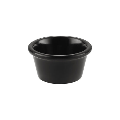 Black ramekin with 2oz capacity and 2-7/8 inch diameter, perfect for sauces, sides, and dips; elegant, durable, and stackable for restaurants, catering, or contemporary home use.