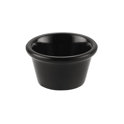 Black ramekin with 3oz capacity and 3-1/8 inch diameter, perfect for sauces, dips, sides, or desserts; elegant and durable design ideal for restaurants, catering, or modern home use.
