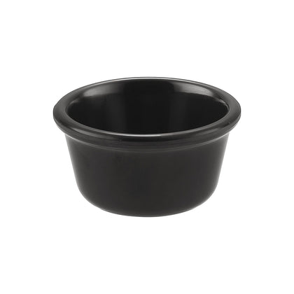 Black ramekin with 4oz capacity and 3-1/4 inch diameter, perfect for sauces, dips, sides, or desserts; durable, elegant design ideal for restaurants, catering, or modern home use.