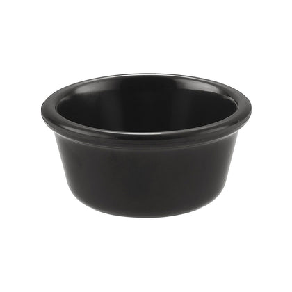 Black ramekin with 6oz capacity and 3-7/8 inch diameter, perfect for sauces, dips, sides, or desserts; durable, elegant design ideal for restaurants, catering, or modern home use.