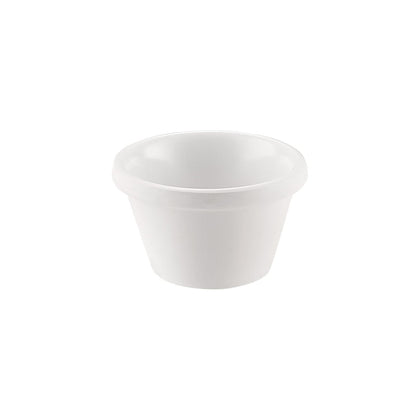White ramekin with 1.5oz capacity and 2-1/2 inch diameter, perfect for sauces, dips, and condiments; ideal for restaurants, caterers, or home use with elegant, durable design.