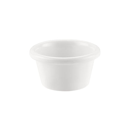 White ramekin with 2oz capacity and 2-7/8 inch diameter, ideal for sauces, dips, or desserts; elegant and durable design perfect for restaurants, catering, or home kitchens.