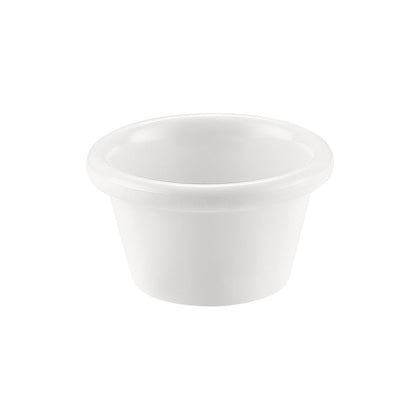 White ramekin with 3oz capacity and 3-1/8 inch diameter, ideal for sauces, dips, sides, or desserts; elegant and durable design perfect for restaurants, catering, or home use.