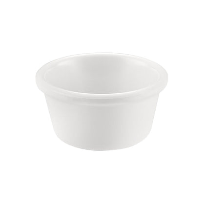 White ramekin with 4oz capacity and 3-1/4 inch diameter, perfect for sauces, dips, sides, or desserts; elegant and durable design ideal for restaurants, catering, or home kitchens.