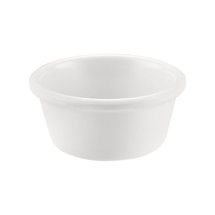 White ramekin with 6oz capacity and 3-7/8 inch diameter, ideal for sauces, sides, or desserts; elegant and durable design perfect for restaurants, catering, or stylish home kitchens.
