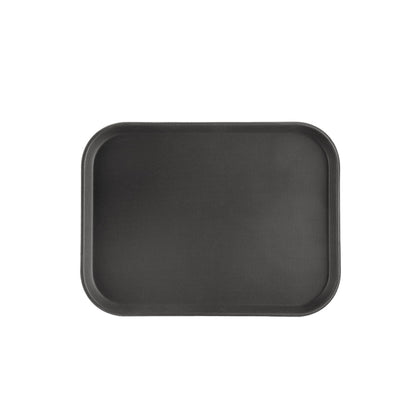 Black rectangular fiberglass tray 16x12 inch, lightweight and durable with non-slip surface. Ideal for restaurants, cafeterias, and foodservice use in high-volume environments.