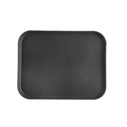 Black 18x14 inch rectangular fiberglass tray with slip-resistant surface, lightweight and stain-resistant. Ideal for restaurants, cafeterias, and commercial foodservice operations.
