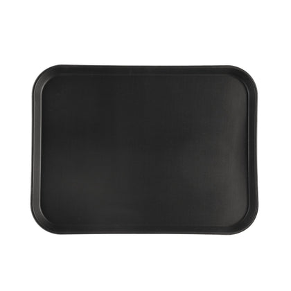 Black 20x15 inch rectangular fiberglass tray with non-slip surface, stain-resistant and lightweight for foodservice use in cafeterias, restaurants, and commercial kitchens.